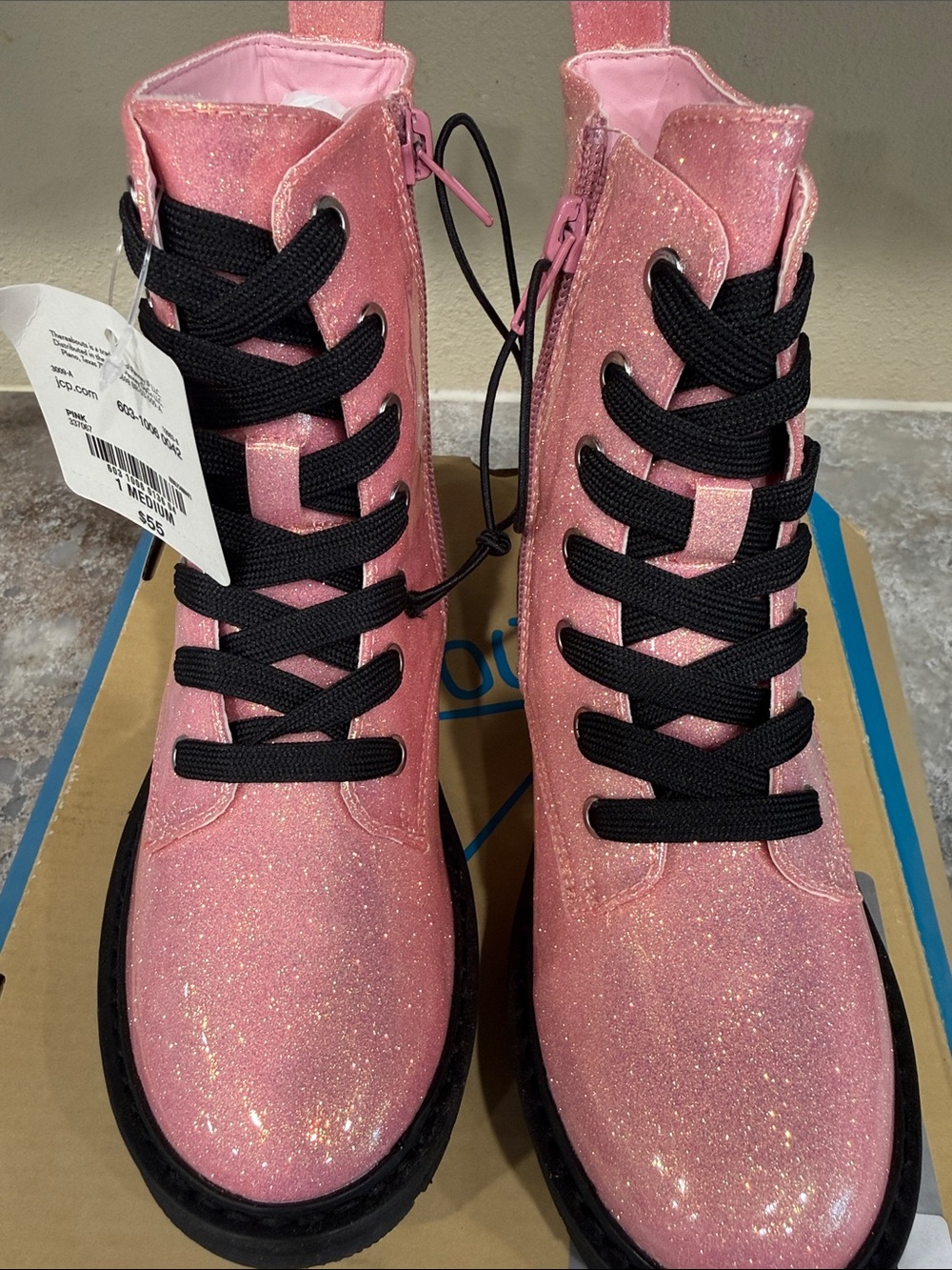MIA Pink Glitter Lace-Up Kids Boots with Black Soles - Picture 4 of 5